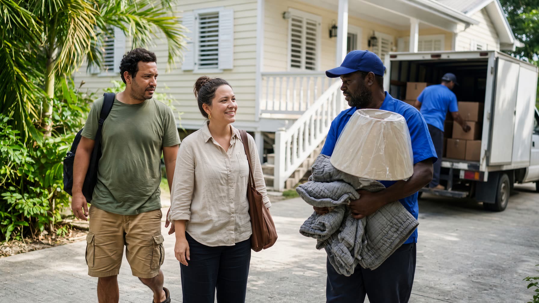 A couple arrives at their Belize home as movers unload household goods.