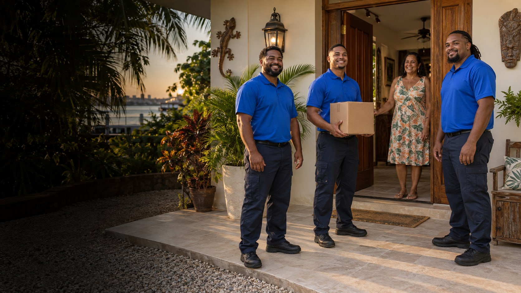 A moving crew in bright blue shirts carries household items into a Belize home.