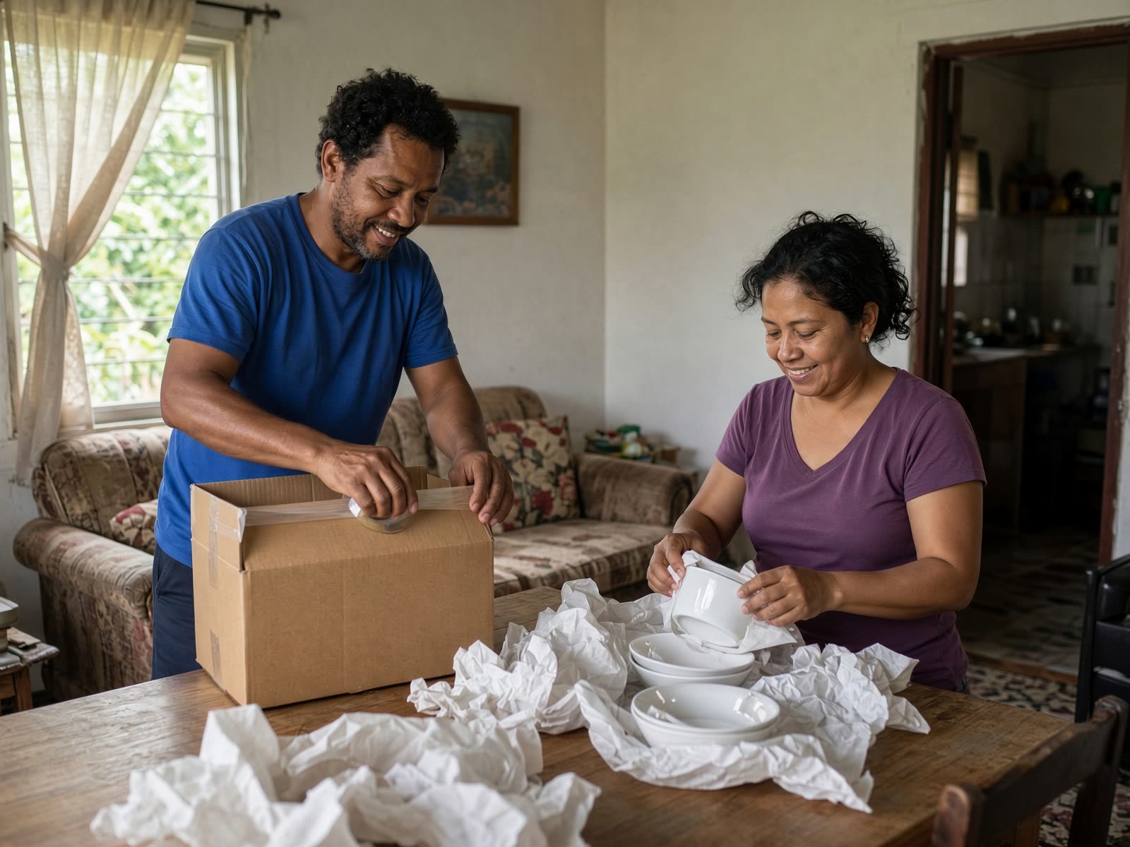 A man and a woman smiling as they pack household goods and wrap items in a Belize home