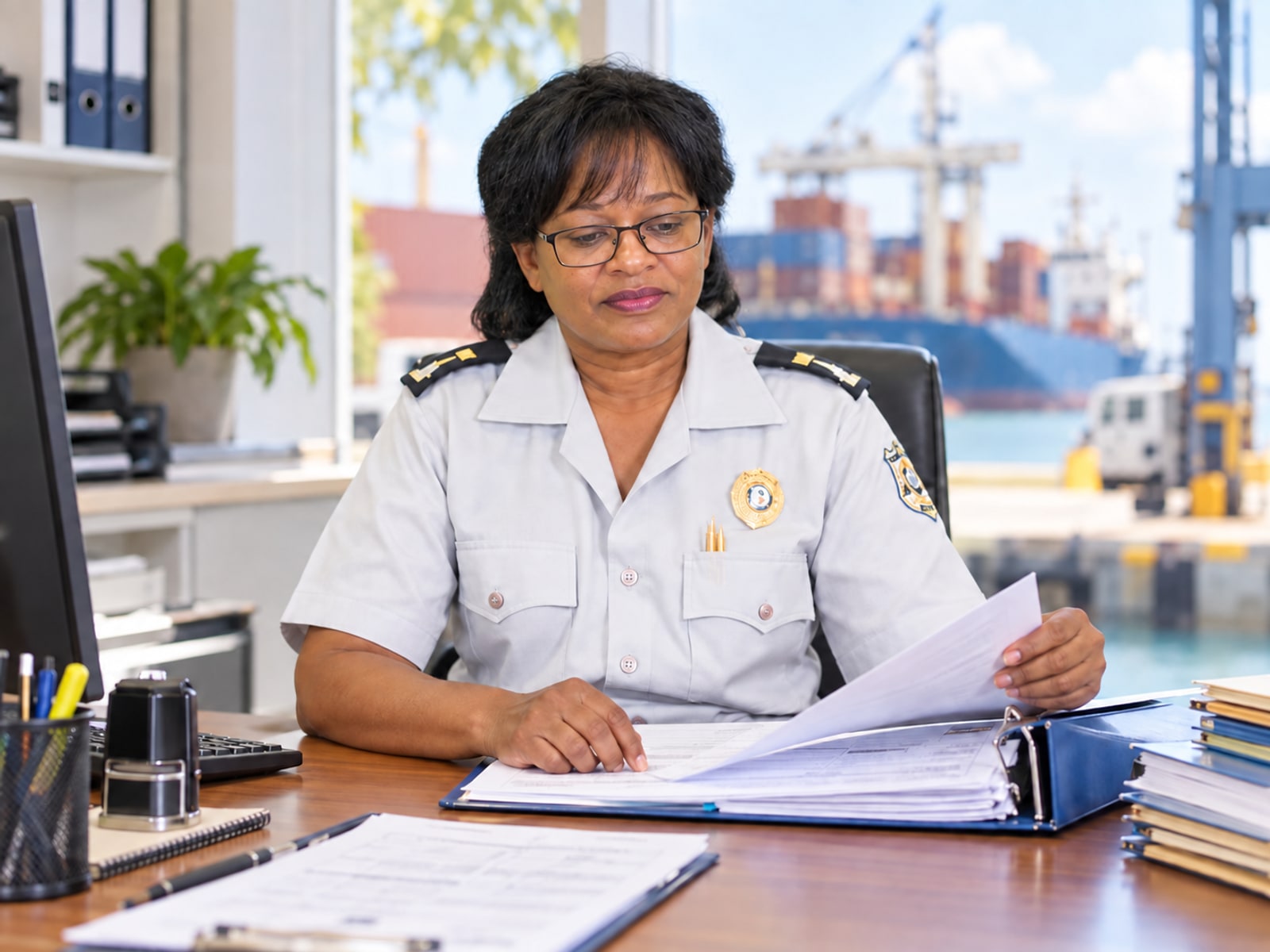 A Belize customs officer wearing glasses reviews household-shipment documents at her desk overlooking a seaport.