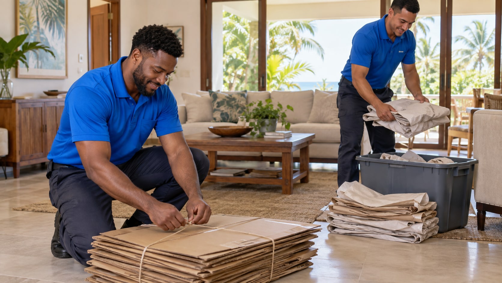 Two movers in bright blue shirts sort flattened boxes and packing paper after a home move.
