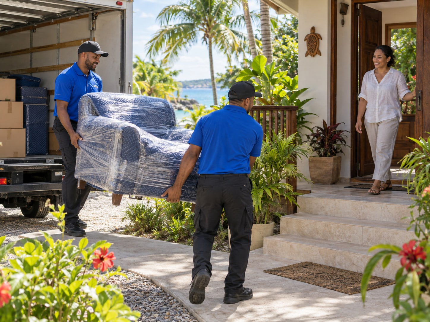 Two movers carefully carry a wrapped armchair from the truck to a Belizean home's veranda while its owner greets them.