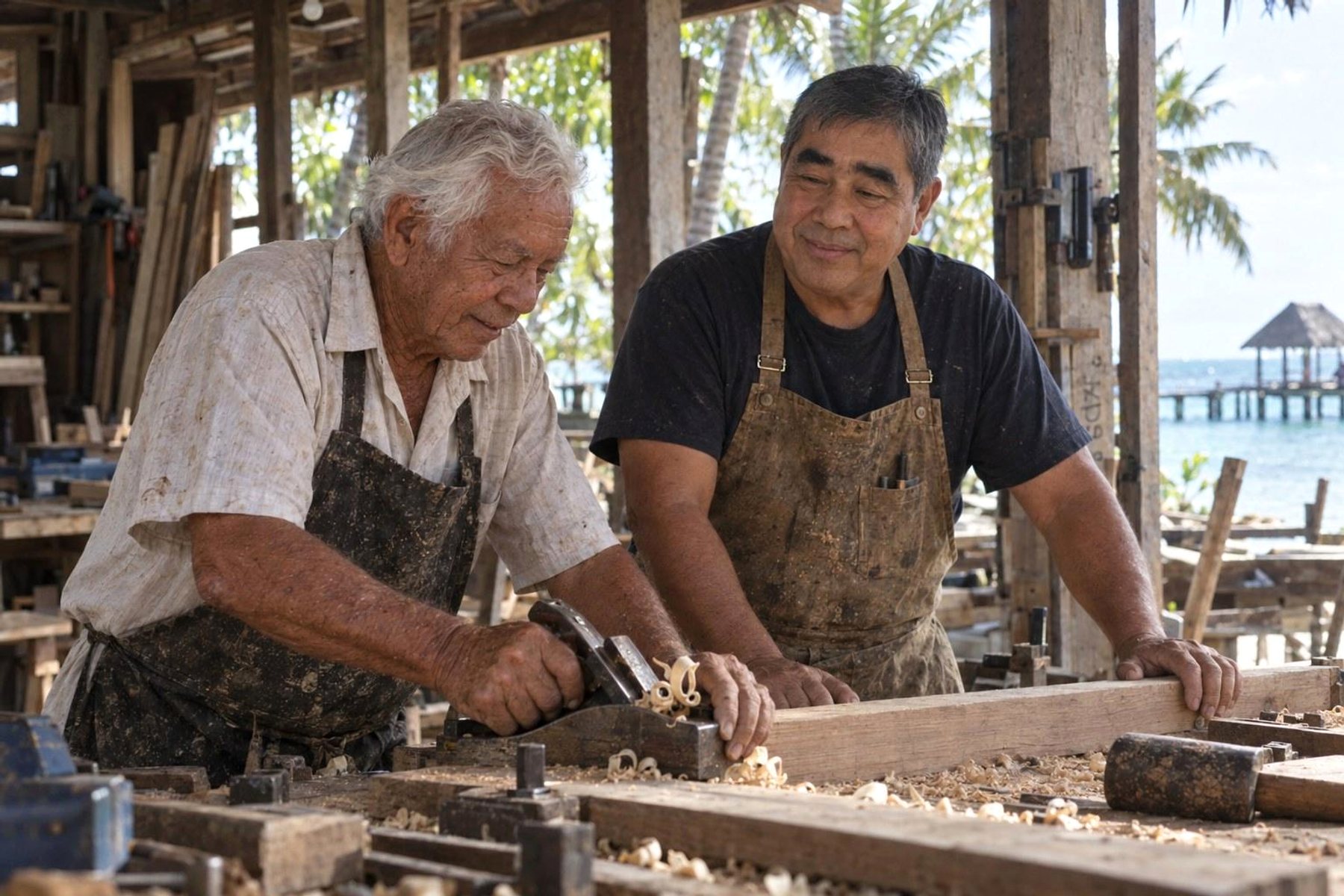 Two generations of craftspeople working together at a Belize carpentry and joinery bench.