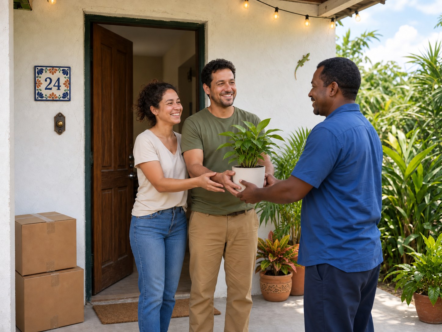 A moving specialist welcomes a family at their new Belize home with a houseplant and moving boxes nearby.