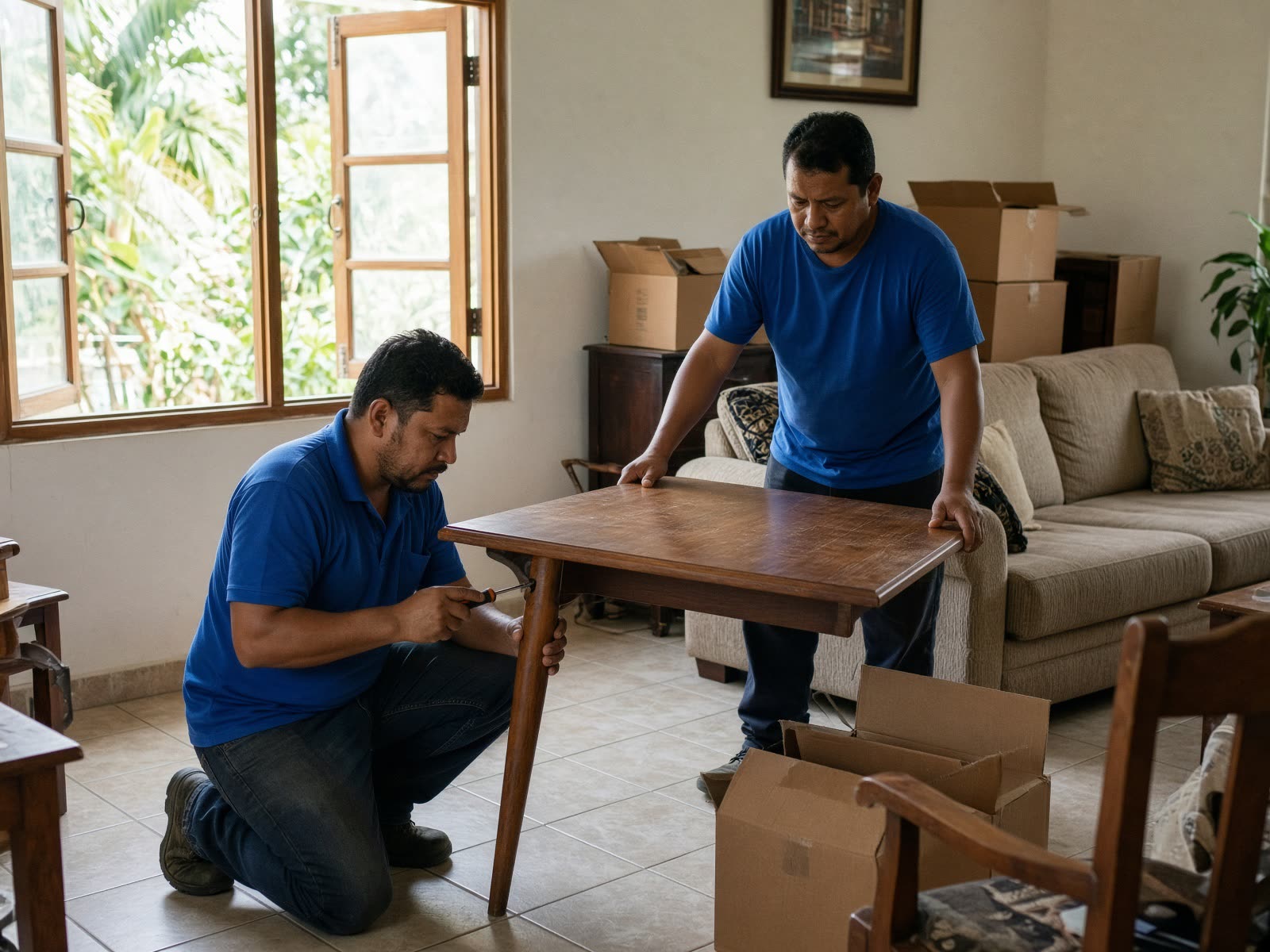 Two movers disassembling a wooden table inside a Belize home