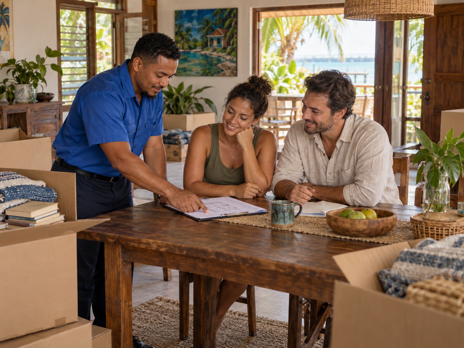 A Belize moving specialist helps a couple review their move plan at a dining table with packing boxes nearby