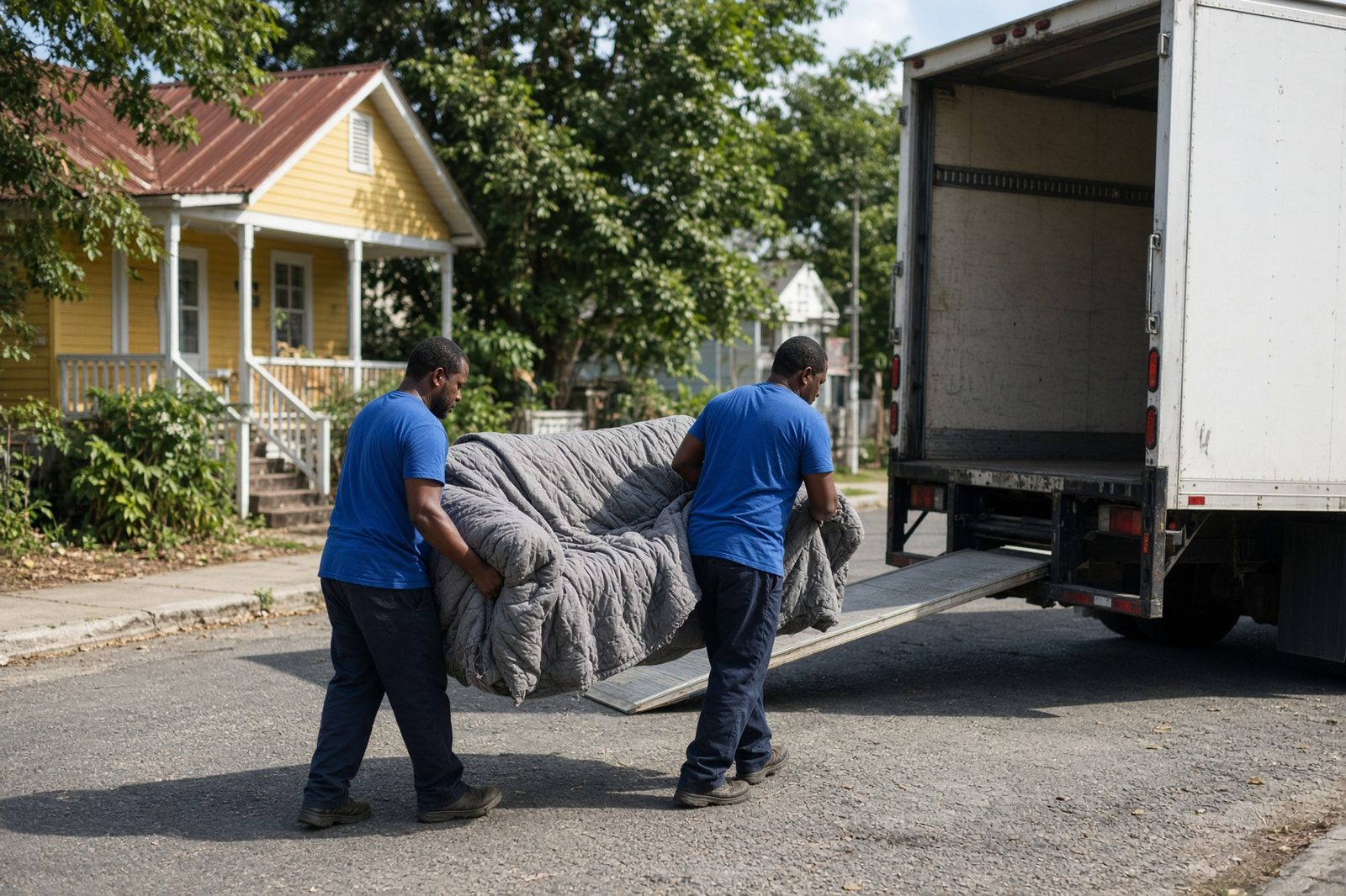 Two movers in royal blue shirts carrying wrapped furniture toward a truck on a Belize street
