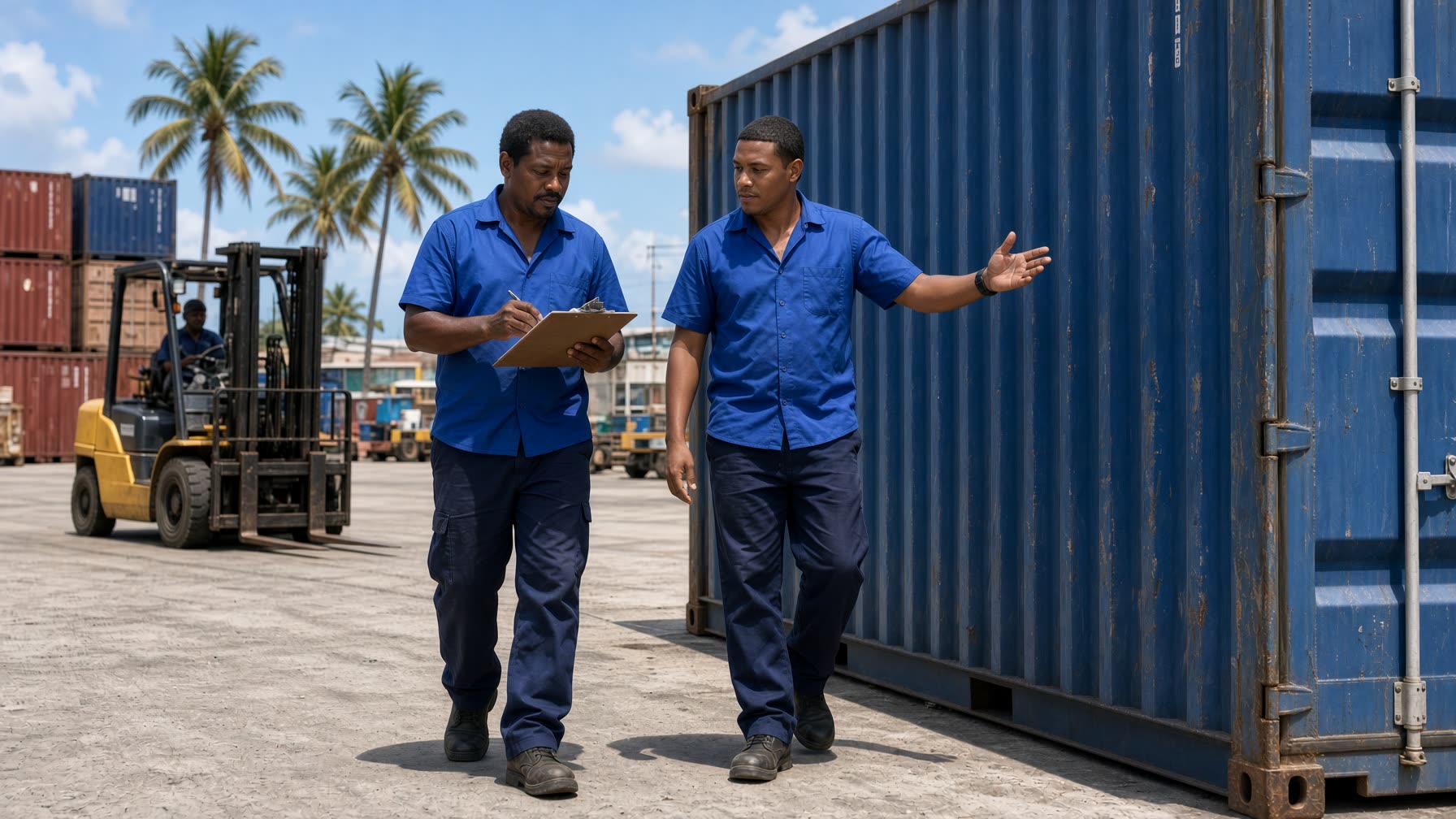 Two coordinators walking a Belize port quay beside a shipping container with a clipboard