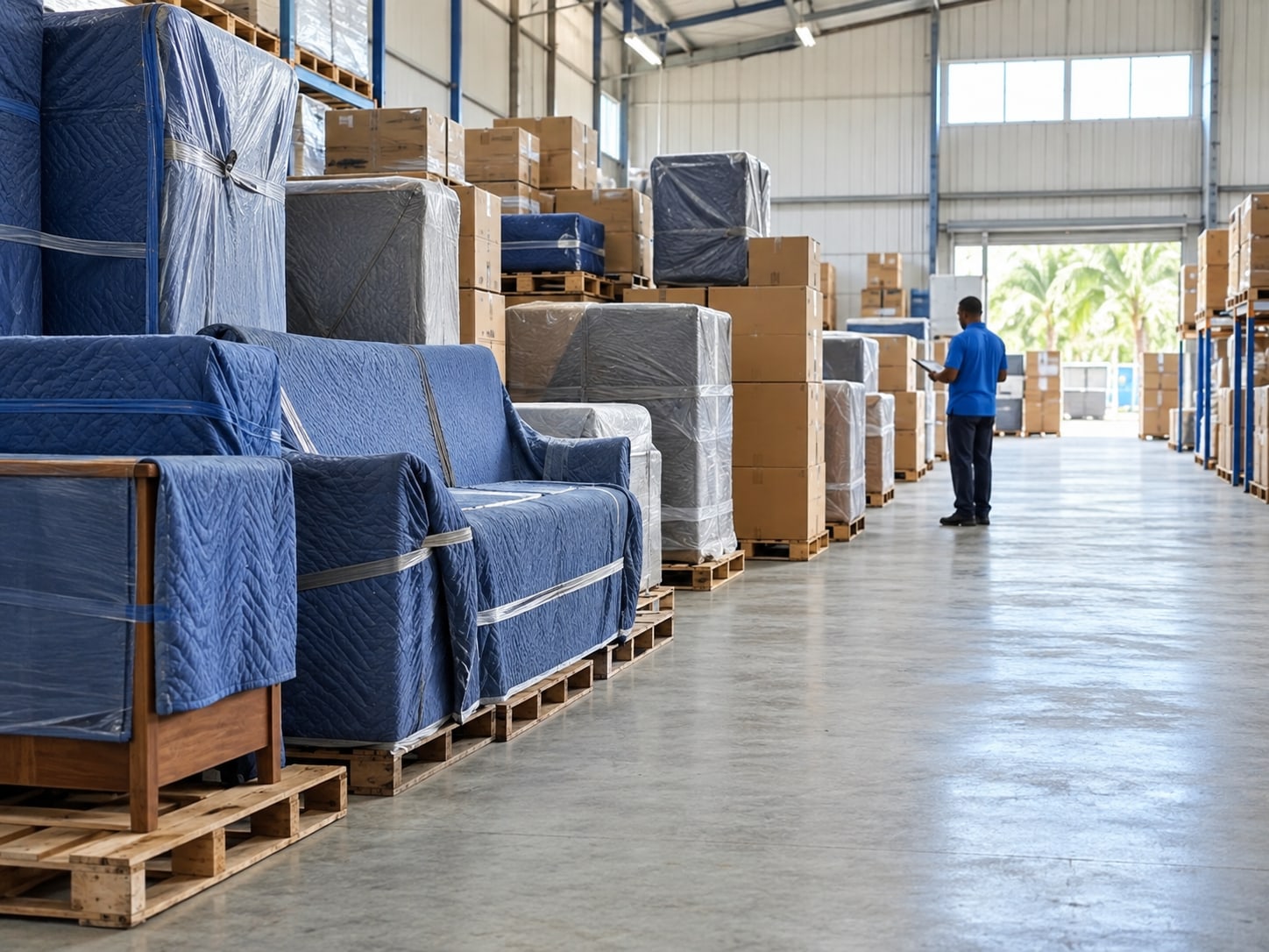 Furniture wrapped for protection and household boxes arranged in a bright, clean storage warehouse.