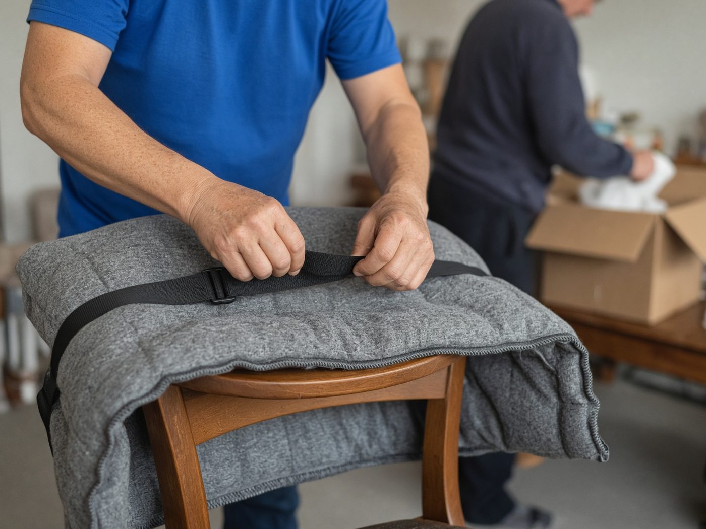 A mover wrapping a dining chair in a moving blanket while another packs a box